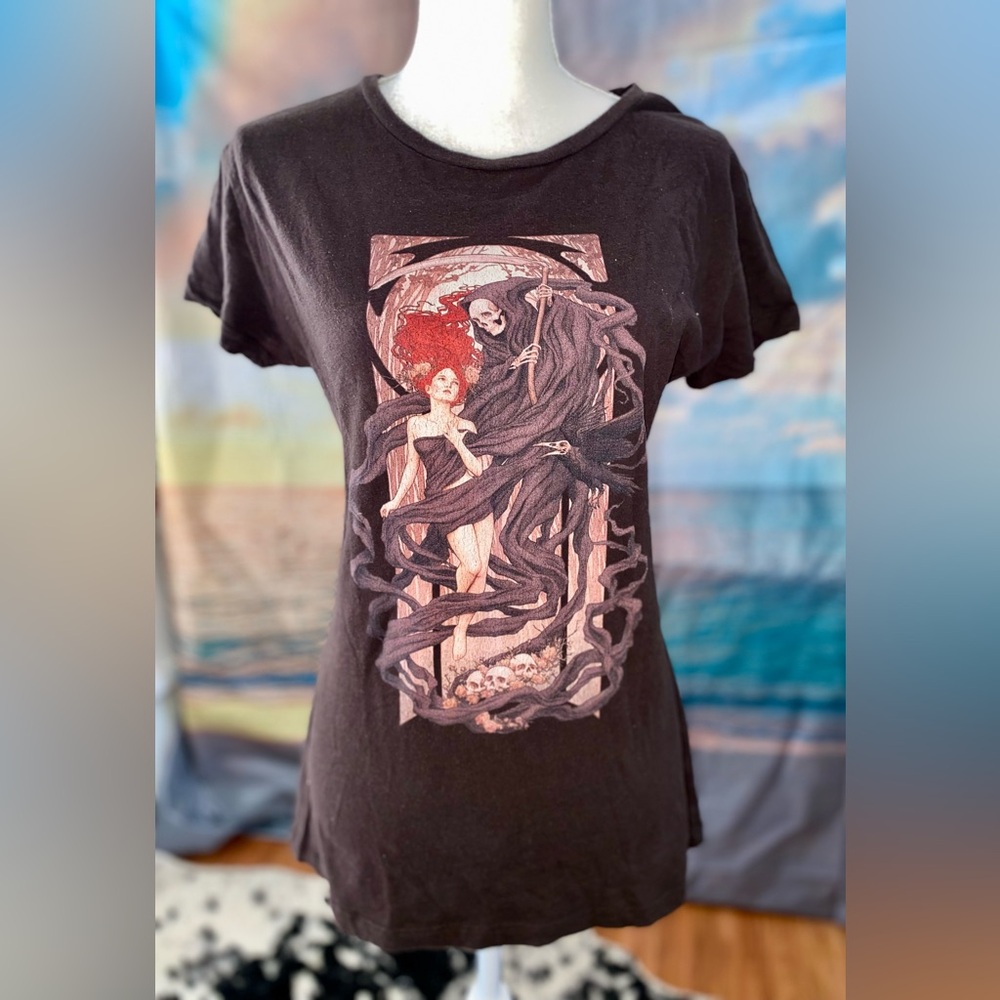 Teefury Graphic Skeleton Grim Reaper Mermaid Nouveau Tee Shirt Top T-Shirt